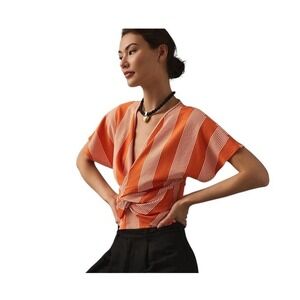 Anthropologie Bishop + Young Striped Knot-Front Top Blouse V-Neck‎ Orange L